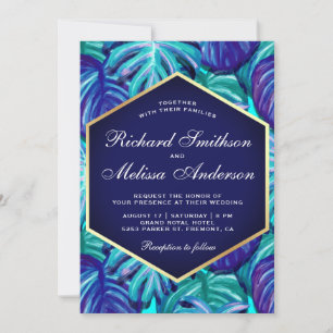 Invitation Royal Blue Turquoise Gold Foil Tropical Feuille Ma