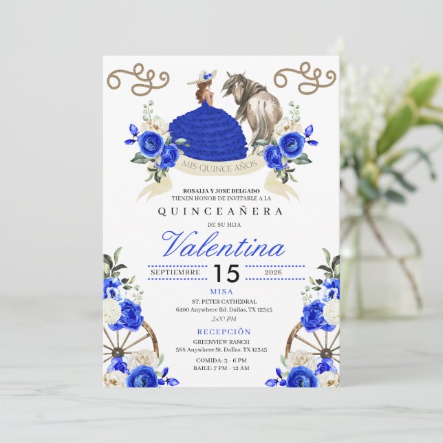 Invitation Royal Blue Western Charro femme Horse Quinceañera (Debout devant)