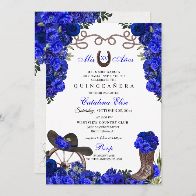 Invitation Royal Blue Western Ranchero Quinceanera (Devant / Derrière)