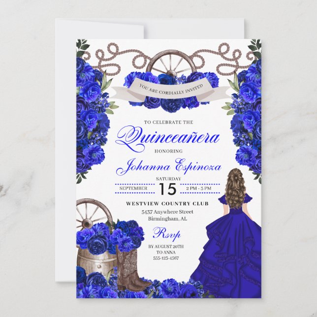 Invitation Royal Blue Western Ranchero Quinceanera (Devant)