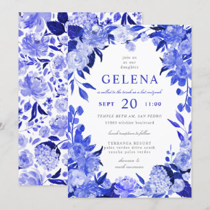 Invitation Royal Blue & White Aquarelle Bat mitzvah Floral