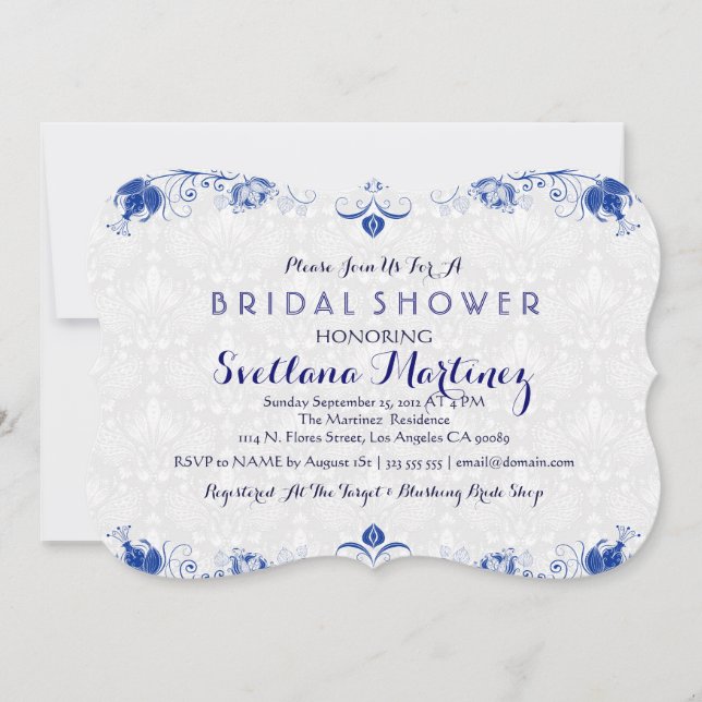 Invitation Royal Blue & White Damask Fête des mariées Invitat (Devant)