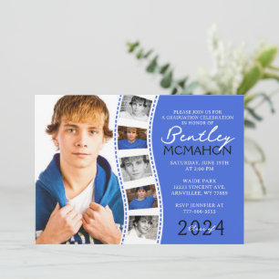 Invitation Royal Blue & White Filmstrip 6 Photo Graduation En
