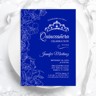 Invitation Royal Blue White Floral Quinceanera Party