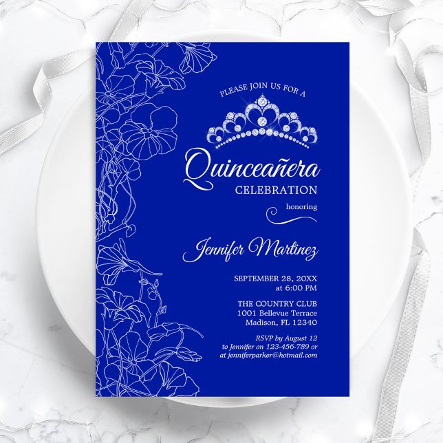 Invitation Royal Blue White Floral Quinceanera Party (Créateur téléchargé)