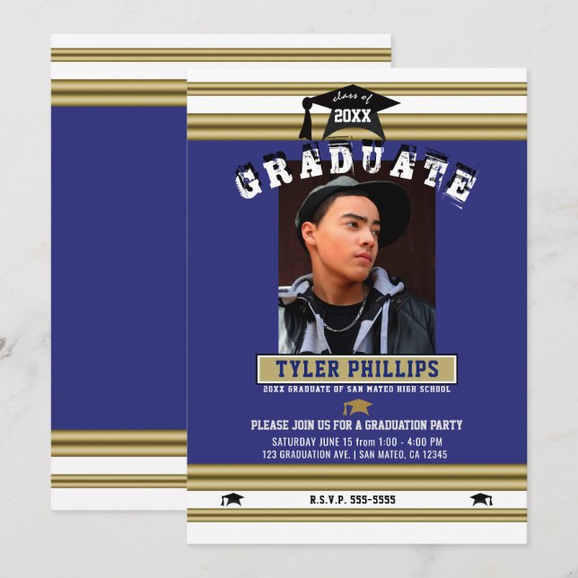 Invitation Royal Blue White Gold Graduation Photo Party (Devant / Derrière)