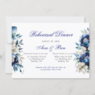 Invitation Royal Blue White Peony Dîner de répétition en arge