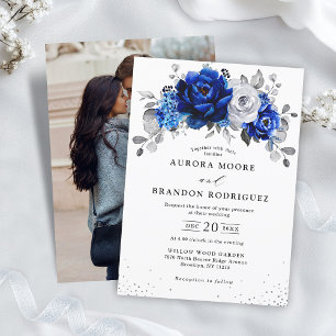 Invitation Royal Blue White Silver Photo Floral Mariage
