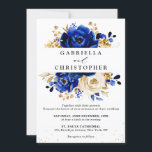 Invitation Royal Blue Yellow Gold Fête des mariées Florale<br><div class="desc">Elégante invitation à la douche nuptiale à thème bleu royal avec bouquet élégant de bleu royal,  marine,  or,  bourgeons de fleurs roses couleur jaune et feuilles eucalyptus. Veuillez me contacter pour toute aide sur la personnalisation ou si vous avez besoin d'un autre produit avec ce design.</div>