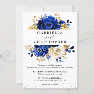 Invitation Royal Blue Yellow Gold Fête des mariées Florale