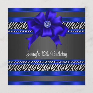 Invitation Royal Blue Zebra Girls 13e fête d'anniversaire