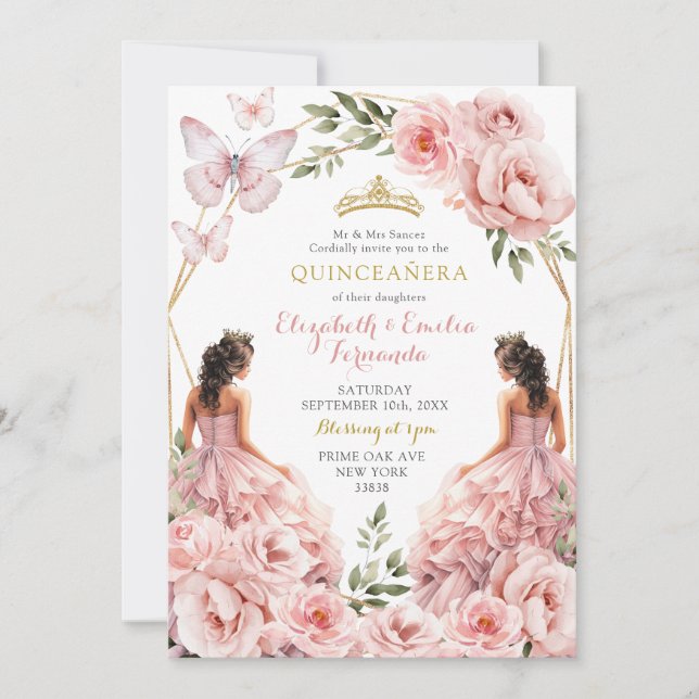 Invitation Royal Blush Pink Twins Géométrique Quinceañera (Devant)