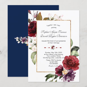 Invitation Royal Bourgogne Blush Flowers Mariage or