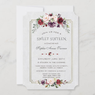 Invitation Royal Bourgogne Fleurs Or Sweet sixteen de cadre O