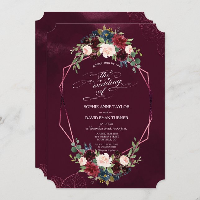 Invitation Royal Bourgogne Floral Mariage géométrique (Devant / Derrière)