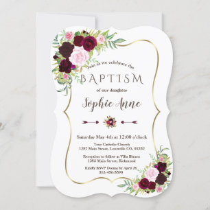 Invitation Royal Bourgogne Marsala Floral Gold Girl Baptism