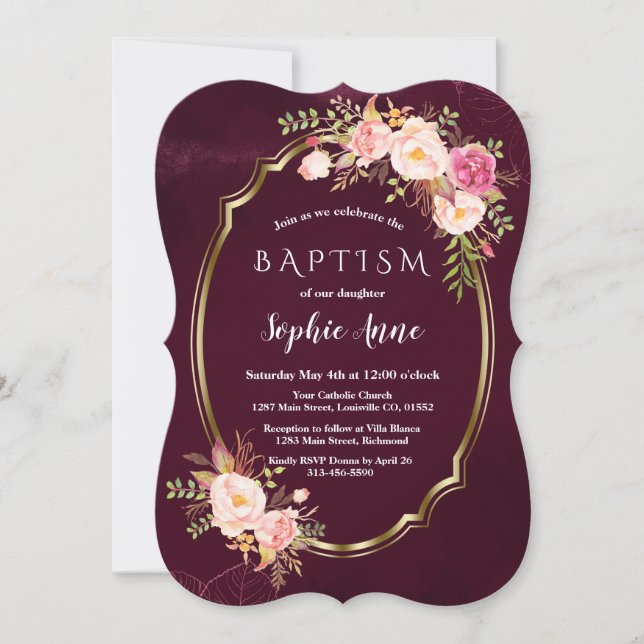 Invitation Royal Bourgogne rose Floral Frame Girl Baptême (Devant)
