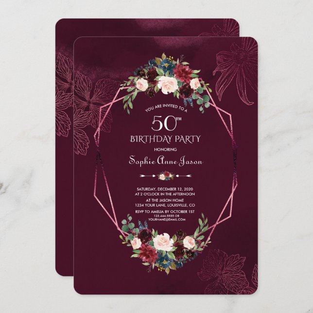 Invitation Royal Burgundy Floral Géométrique 50e anniversaire (Devant / Derrière)