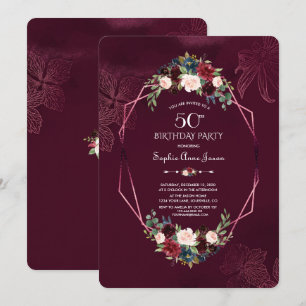 Invitation Royal Burgundy Floral Géométrique 50e anniversaire