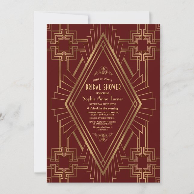 Invitation Royal Burgundy Gold Great Gatsby Fête des mariées (Devant)