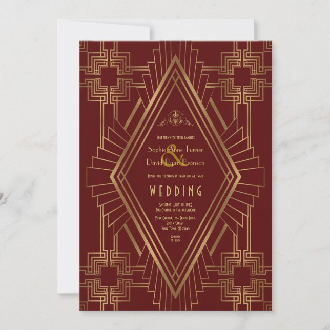 Invitation Royal Burgundy Gold Great Gatsby Mariage (Devant)