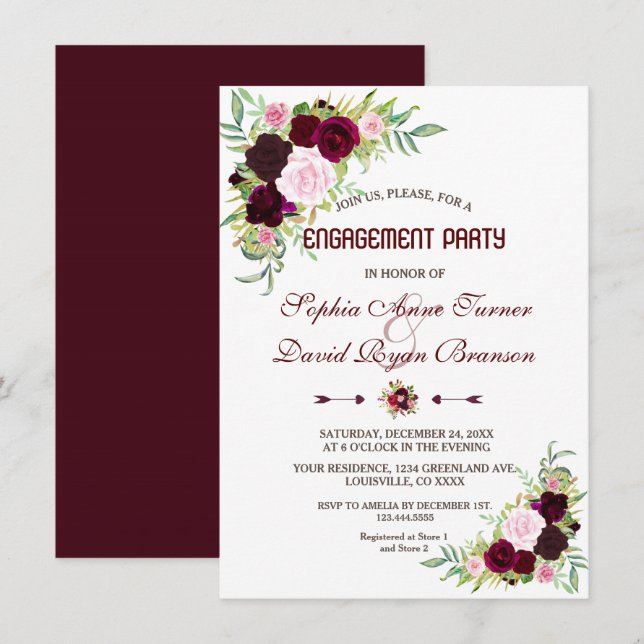 Invitation Royal Burgundy Marsala Floral Engagement Party (Devant / Derrière)