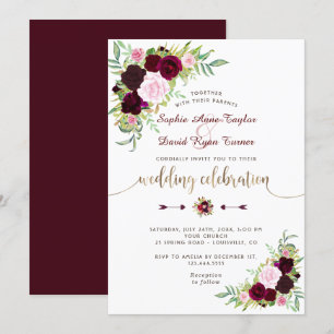 Invitation Royal Burgundy Marsala Floral Mariage or