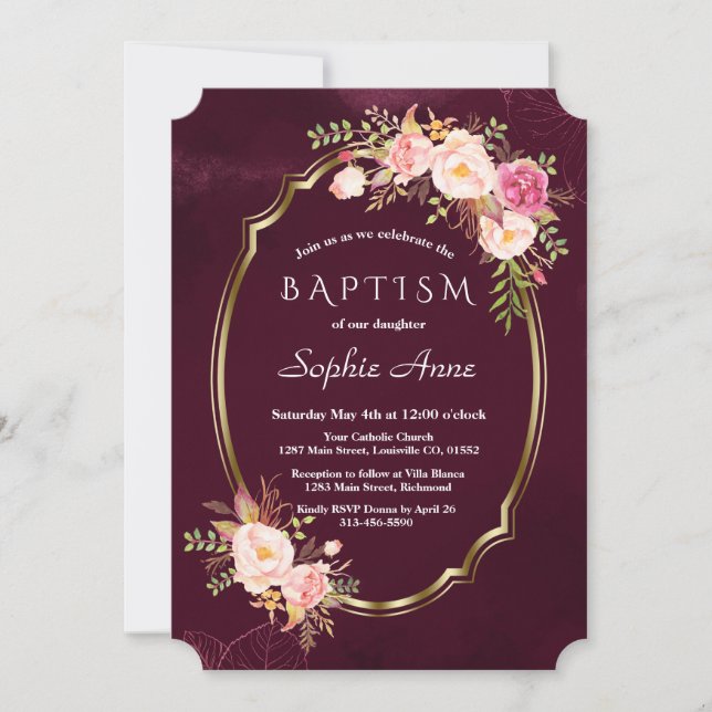 Invitation Royal Burgundy Pink Floral Gold Frame Girl Baptism (Devant)