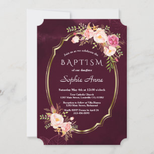 Invitation Royal Burgundy Pink Floral Gold Frame Girl Baptism