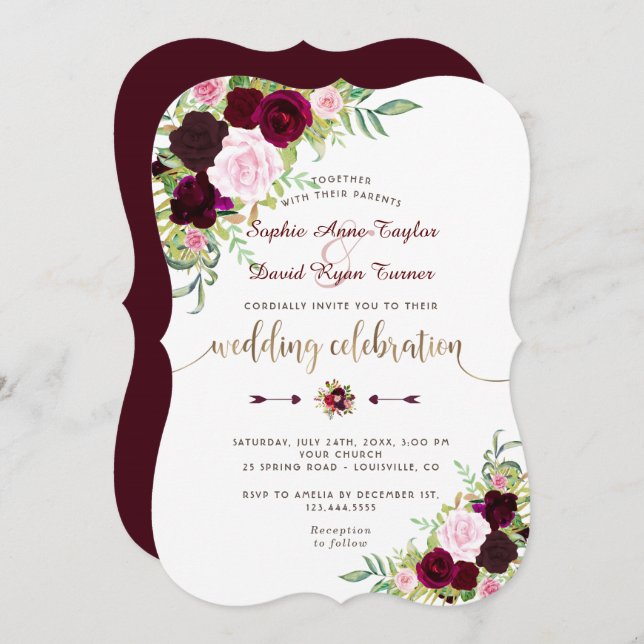 Invitation Royal Burgundy Pink Floral Mariage or (Devant / Derrière)