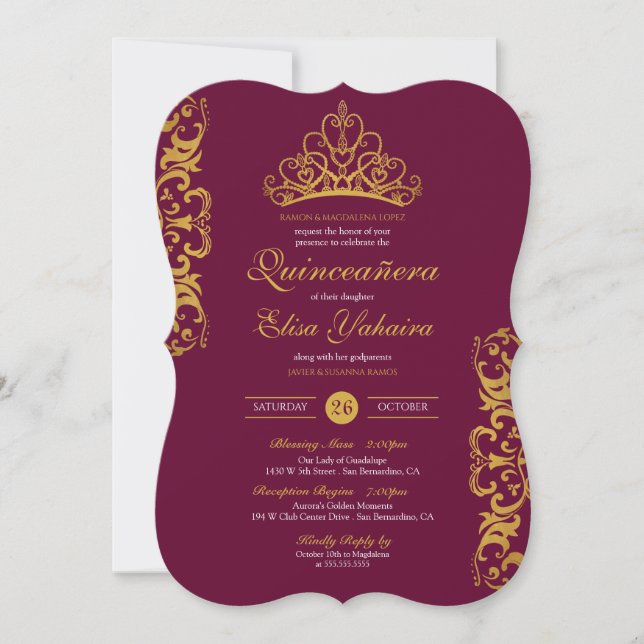 Invitation Royal Burgundy Plum Or Elégante Couronne Quinceañe (Devant)