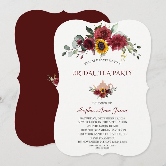 Invitation Royal Burgundy Tournesol Bride Tea Party (Devant / Derrière)