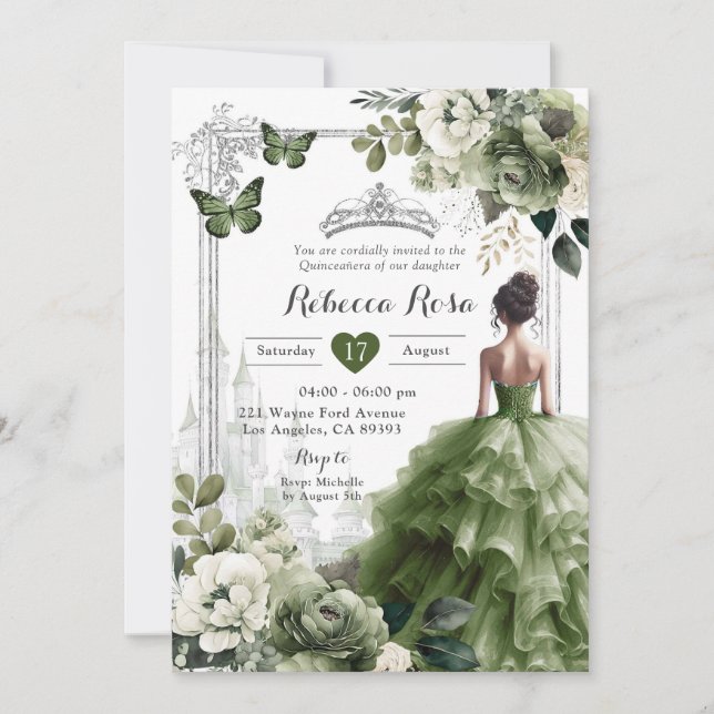 Invitation Royal Castle Princess Silver Sage Green 15 Años (Devant)