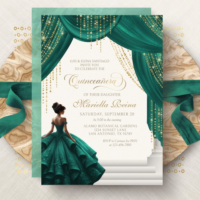 Invitation Royal Conte de Fées Vert Moderne Quinceanera (Créateur téléchargé)