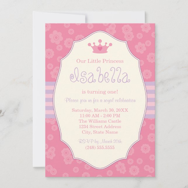 Invitation Royal Crown Pink Purple Princess Anniversaire (Devant)