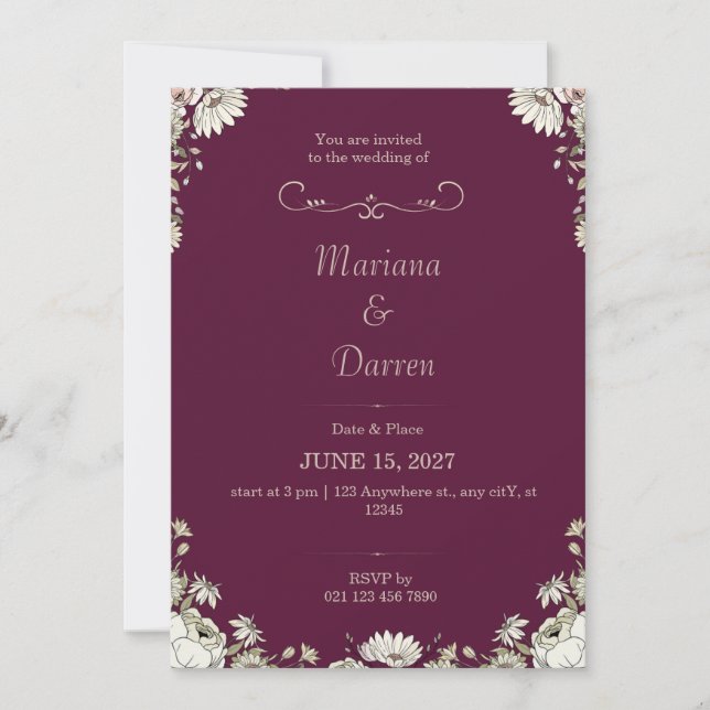 Invitation Royal Deep Purple & White Floral Wedding Invite (Devant)