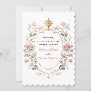 Invitation Royal Elegance Wedding Pink Florals Golden Crest