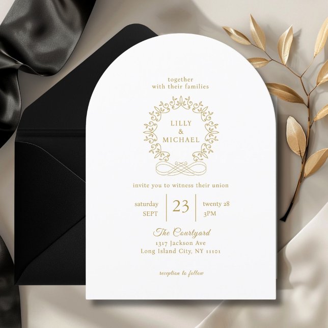 Invitation Royal, Elegant, Blanc, Mariage (Royal, Elegant, Classic, White, Wedding Invitation. Crest, handwriting font.)