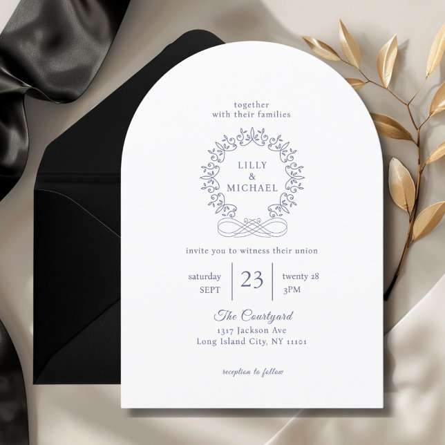 Invitation Royal, Elegant, Blanc, Mariage (Royal, Elegant, White, Wedding Invitation. Crest, handwriting font.)