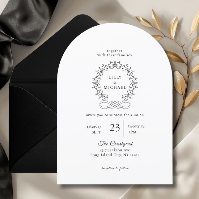 Invitation Royal, Elegant, Blanc, Mariage (Royal, Elegant, Classic, White, Wedding Invitation. Crest, handwriting font.)