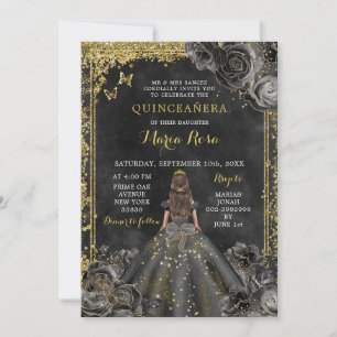 Invitation Royal Elegant or et Rose noir Quinceañera