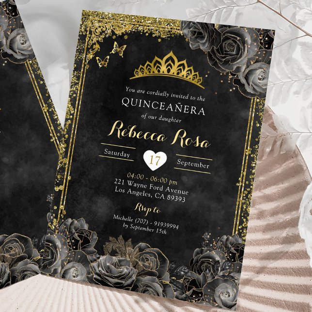 Invitation Royal Elegant or et Rose noir Quinceañera (Créateur téléchargé)