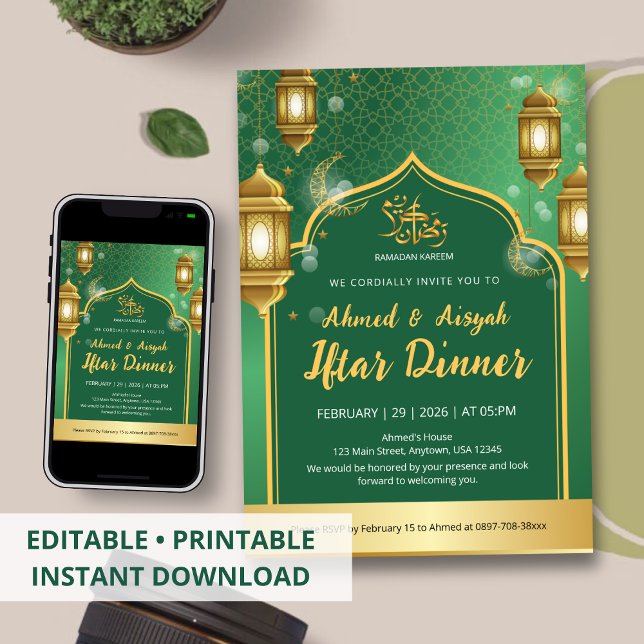 Invitation Royal Emerald Green and Gold Lantern Iftar Dinner  (Créateur téléchargé)