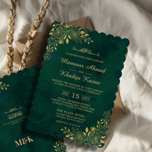 Invitation Royal Emerald Green Gold Floral Mariage islamique (Créateur téléchargé)