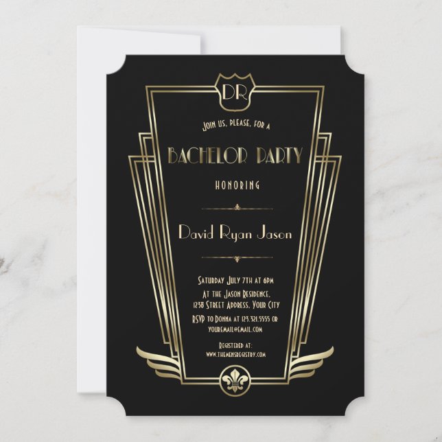 Invitation Royal Gold Art Déco Monogramme Bachelor Party (Devant)