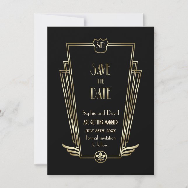 Invitation Royal Gold Art Déco Monogramme Enregistrer la date (Devant)