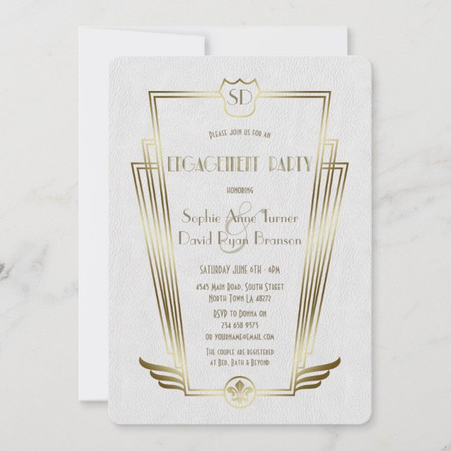 Invitation Royal Gold Art Déco Monogramme Fiançailles blanc (Devant)