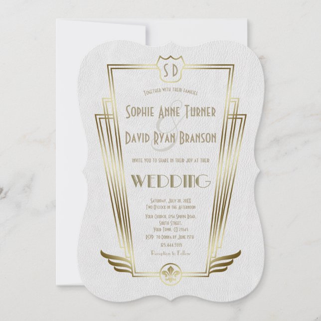 Invitation Royal Gold Art Déco Monogramme Mariage blanc Invit (Devant)