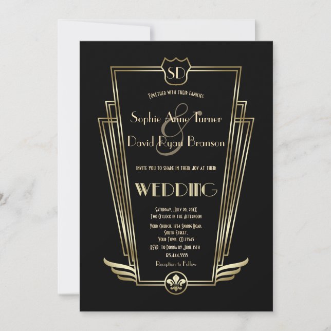 Invitation Royal Gold Art Déco Monogramme Noir Mariage Invita (Devant)