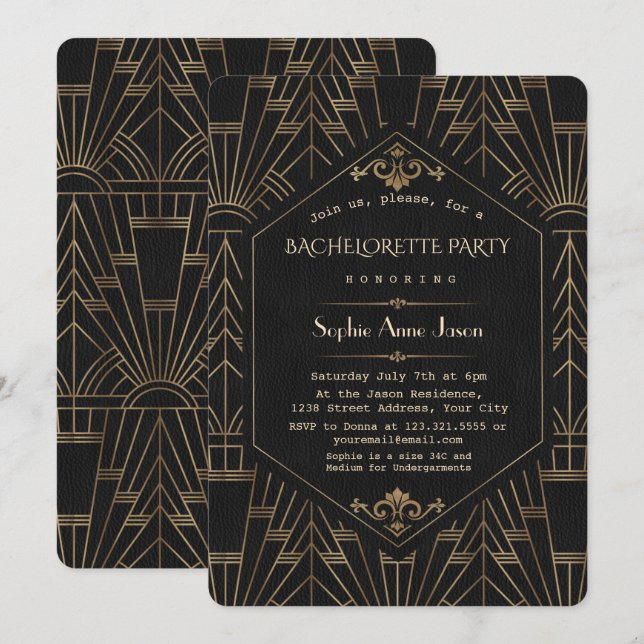 Invitation Royal Gold Black Grand Gatsby Bachelorette (Devant / Derrière)